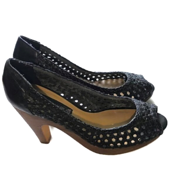 STEVE By Steve Madden Black Woven Leather Platform Peep Toe Votive Pumps - Picture 1 of 16